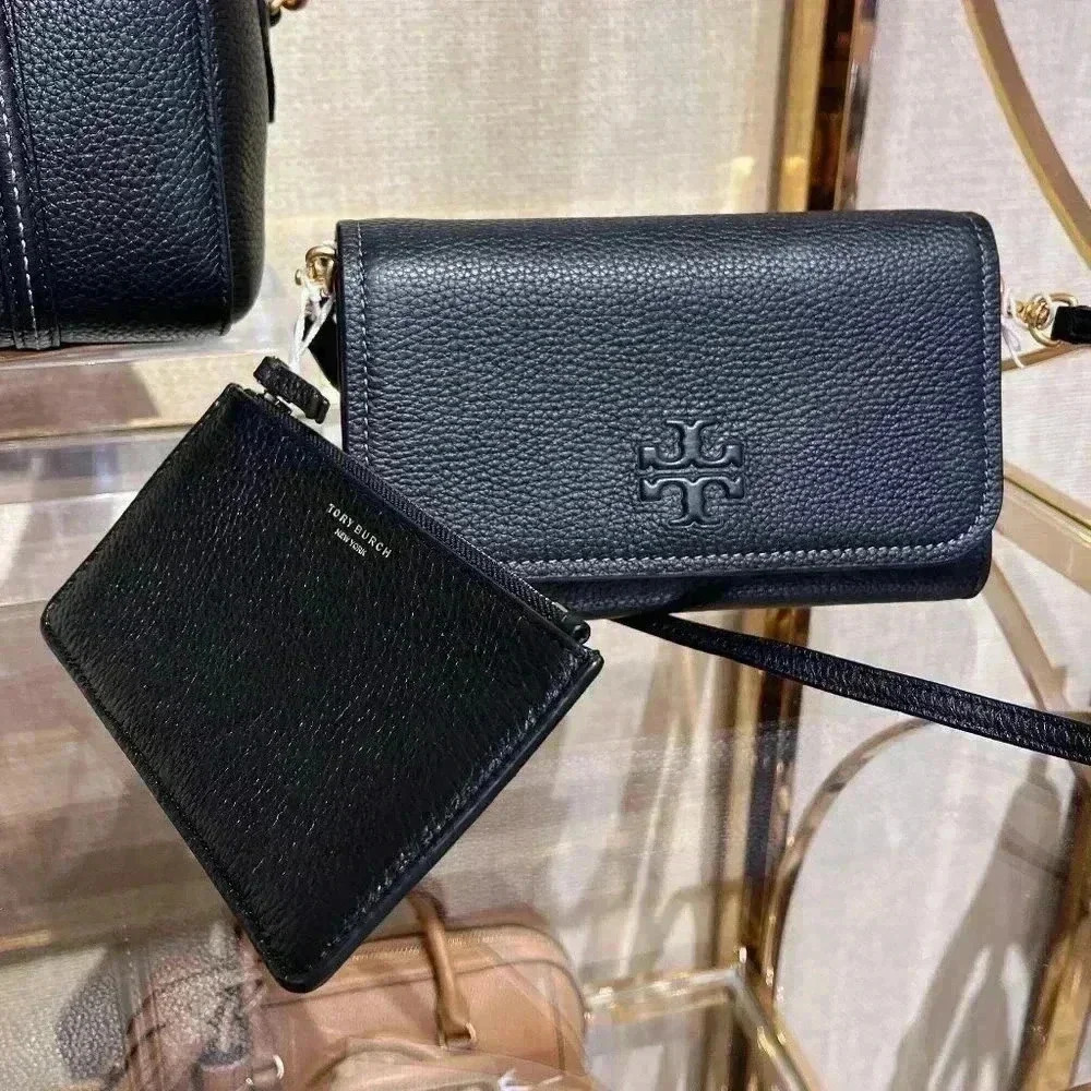 Tory Burch Thea Small Pebble Leather Flat Wallet Crossbody in Black